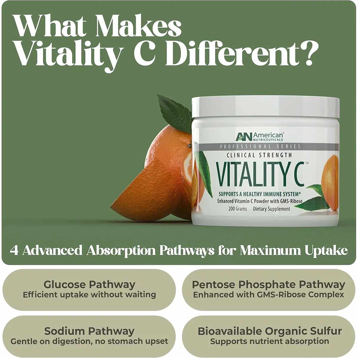 White plastic container of Vitality C Vitamin C Powder by American Nutriceuticals, 200 grams, with orange fruit imagery on la