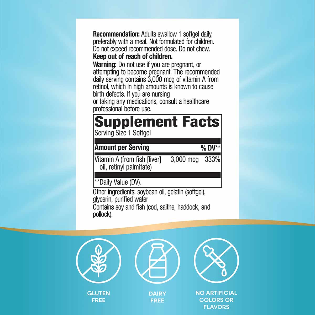 Product label for Nature's Way Vitamin A 3000 mcg softgels showing supplement facts, usage instructions, and allergen informa