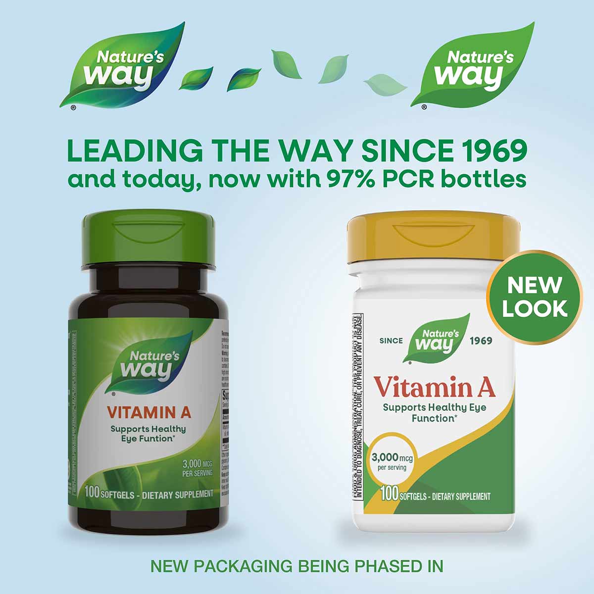 Nature's Way Vitamin A 3000 mcg bottles shown in old green packaging and new white-and-yellow packaging with 100 softgels eac