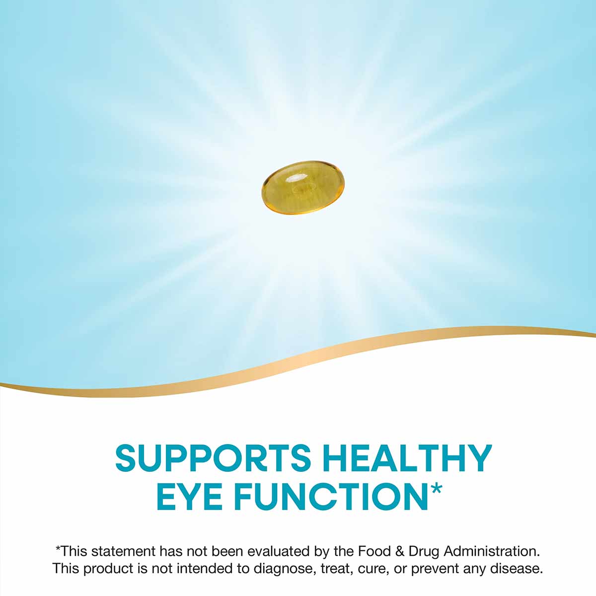 Single golden-yellow oval softgel capsule on light blue background with sun rays.