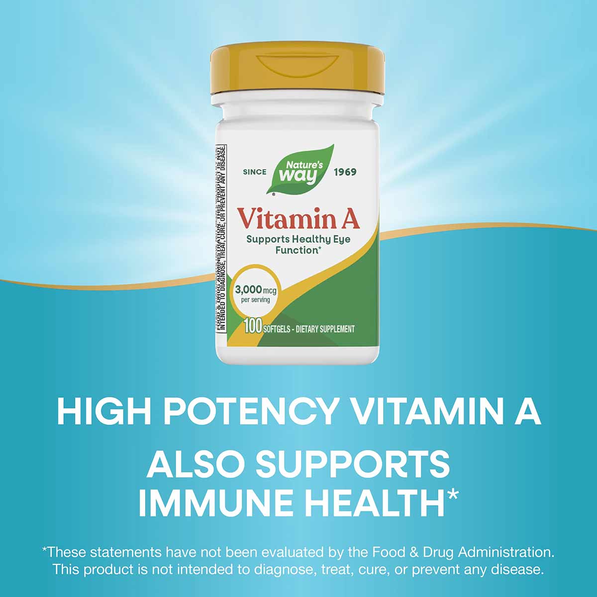 White and green Nature's Way Vitamin A supplement bottle with gold cap containing 100 softgels of 3,000 mcg per serving.