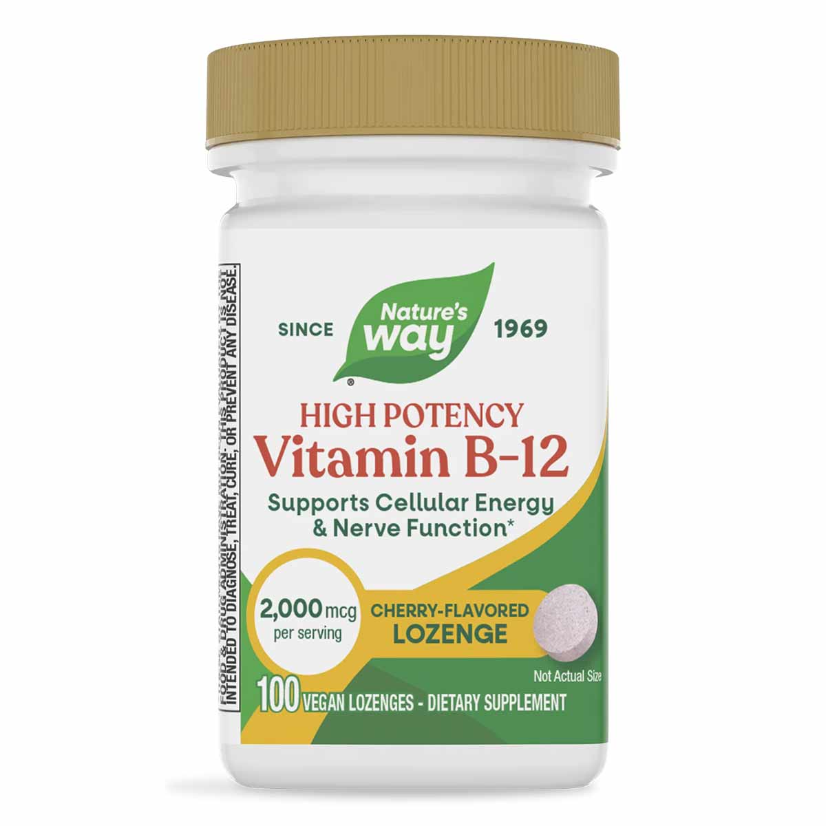 Nature's Way Vitamin B-12 2,000 mcg cherry-flavored lozenges bottle with gold cap and green label.
