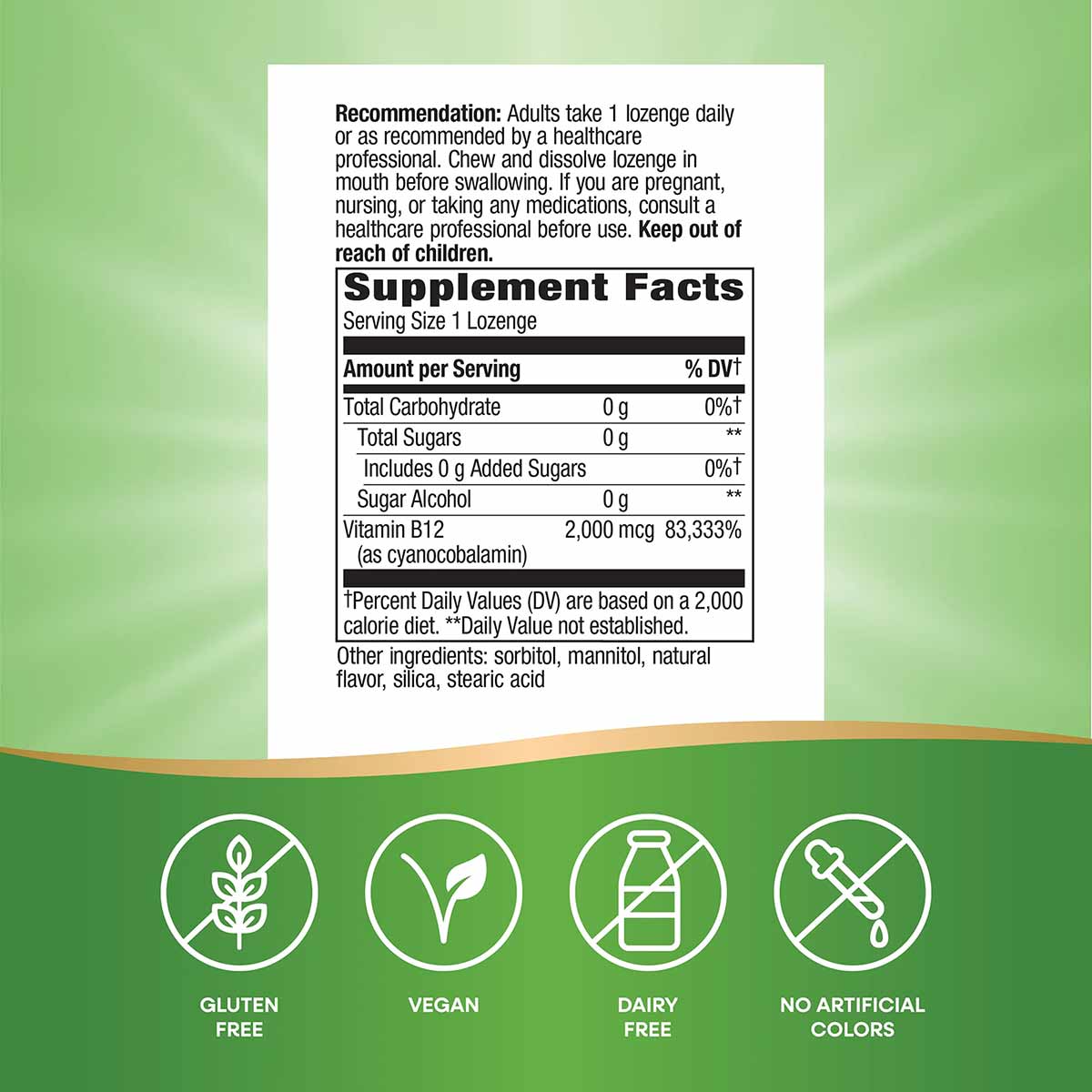 Supplement Facts label for Vitamin B-12 2 mg lozenges showing 2,000 mcg per serving with ingredient list and dietary attribut