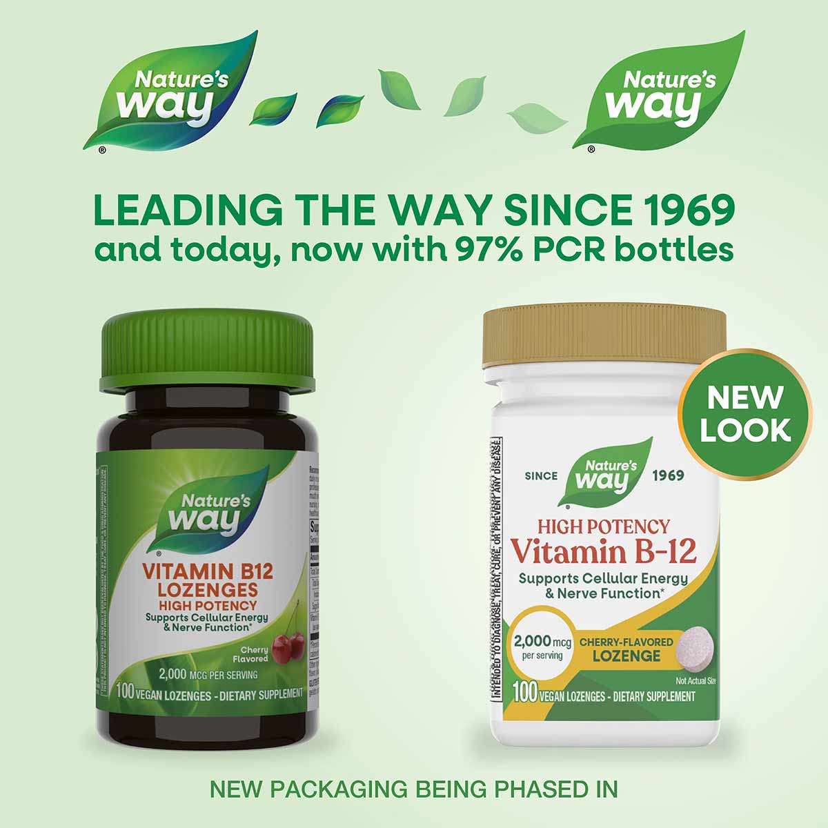 Nature's Way Vitamin B-12 2000 mcg lozenges in cherry flavor, shown in old and new packaging designs.