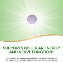 Purple speckled vitamin B-12 tablet on green and white background with Nature's Way branding.