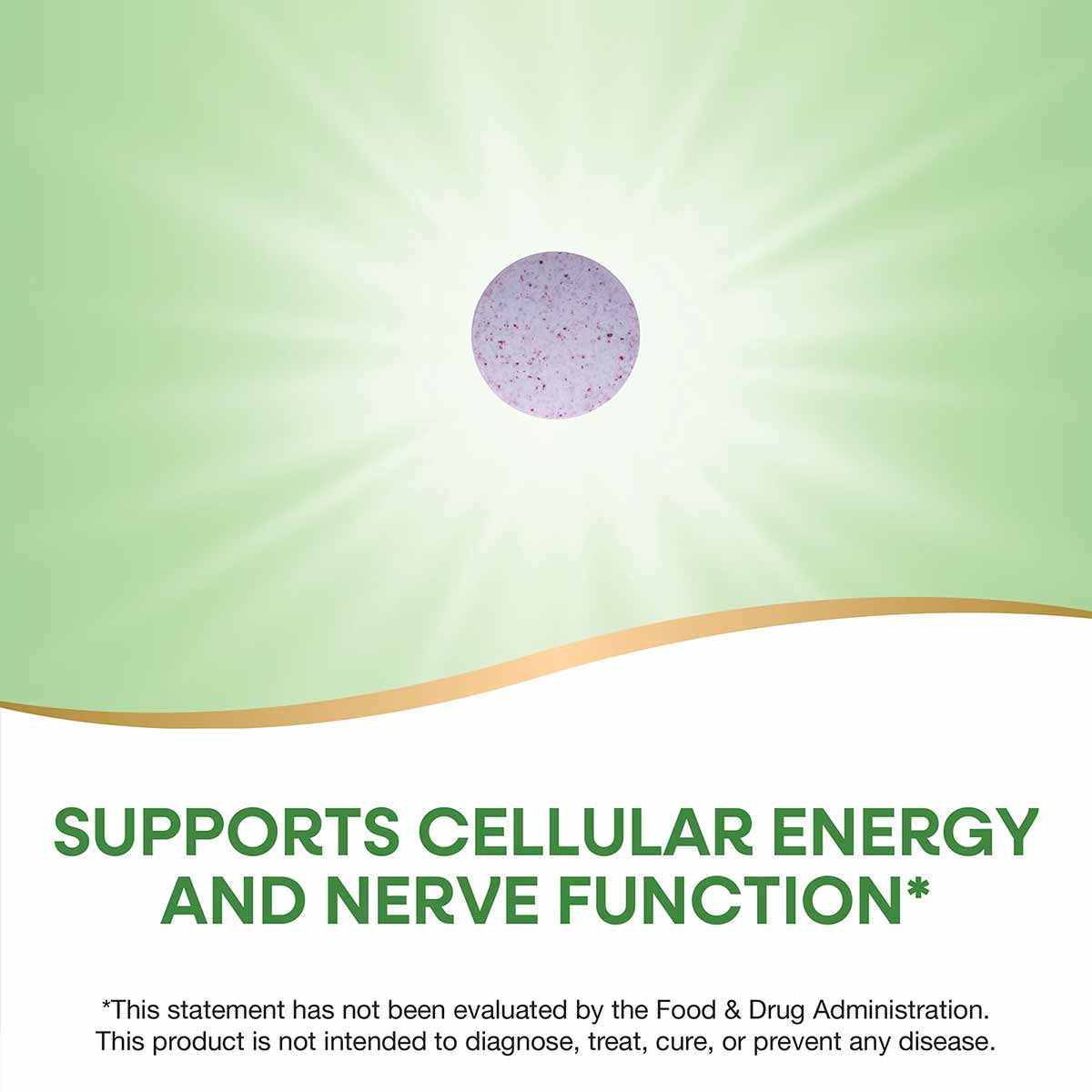 Purple speckled vitamin B-12 tablet on green and white background with Nature's Way branding.
