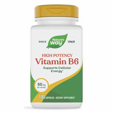 White bottle with gold cap labeled "Nature's Way Vitamin B6 50 mg, 100 capsules" with green leaf logo and yellow accent band.
