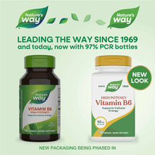 Nature's Way Vitamin B6 50 mg bottles showing old green and new white packaging with 100 capsules each.