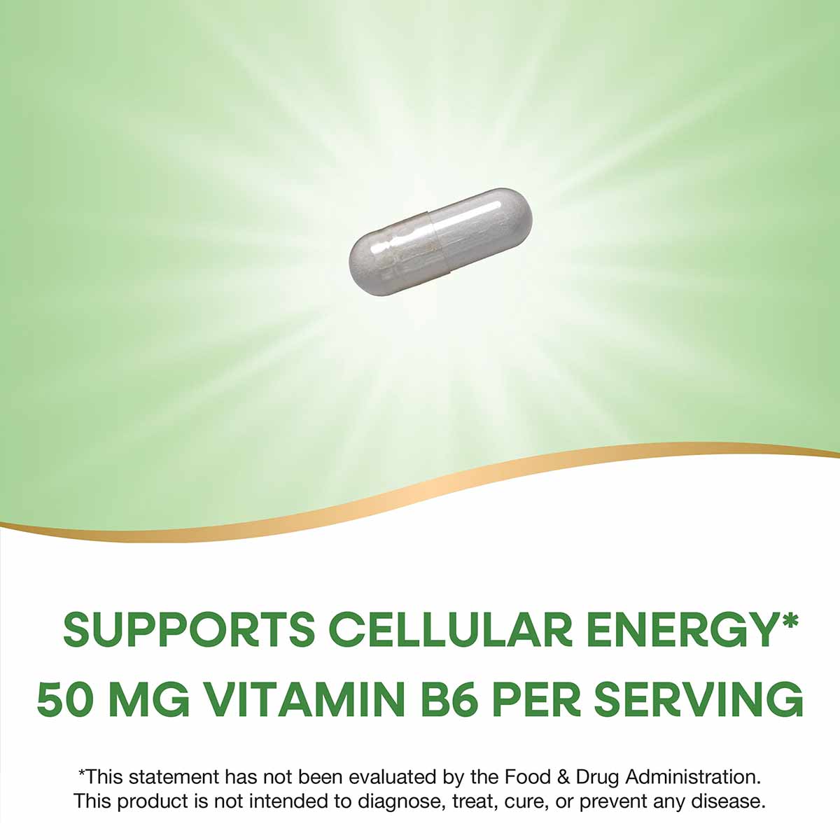 Gray cylindrical vitamin capsule against a green radiant background.