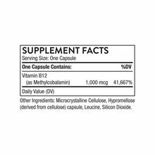 Supplement Facts label for Vitamin B12 methylcobalamin capsules showing 1,000 mcg per serving and ingredient list.