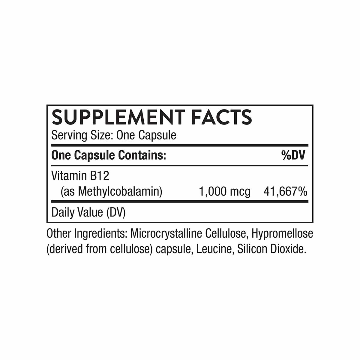 Supplement Facts label for Vitamin B12 methylcobalamin capsules showing 1,000 mcg per serving and ingredient list.