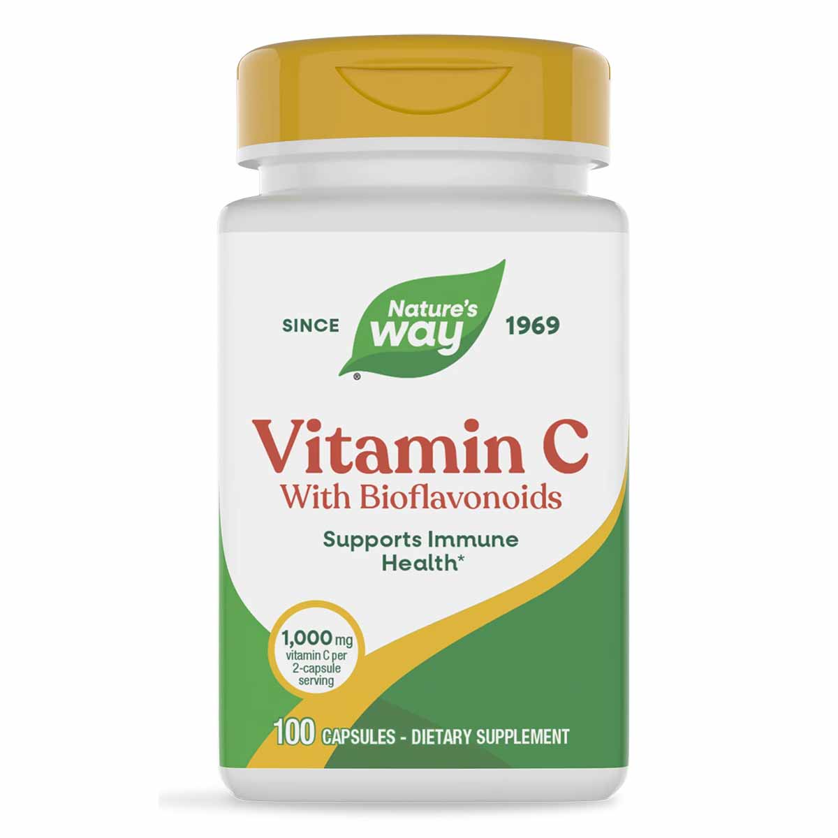Nature's Way Vitamin C with Bioflavonoids bottle containing 100 capsules with yellow cap and green label.