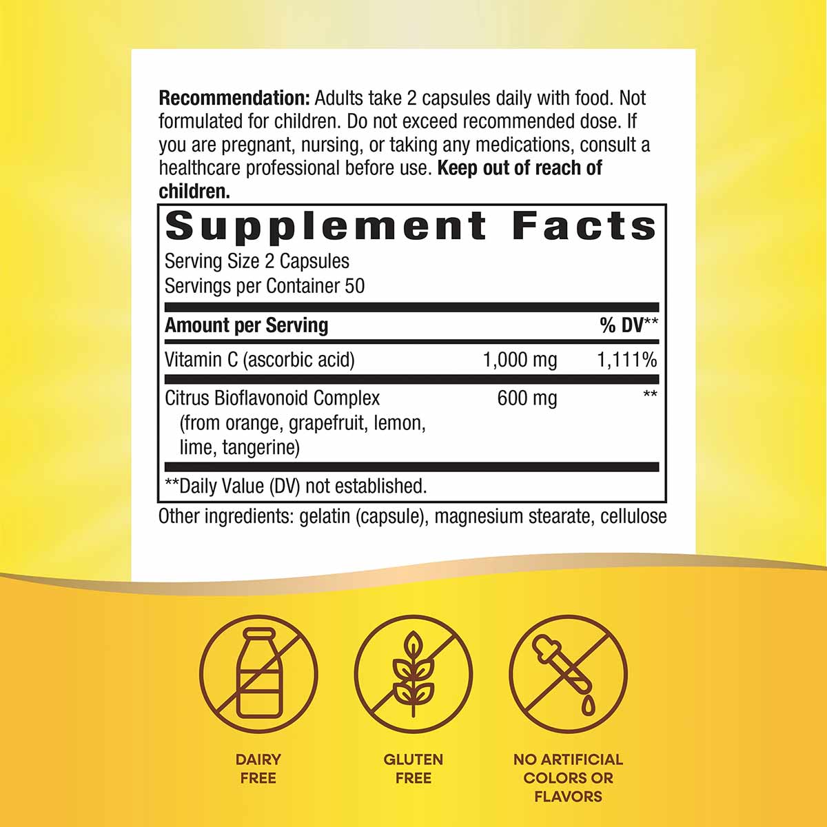 Supplement Facts label for Vitamin C with Bioflavonoids showing dosage, ingredients, and dairy-free, gluten-free, no artifici
