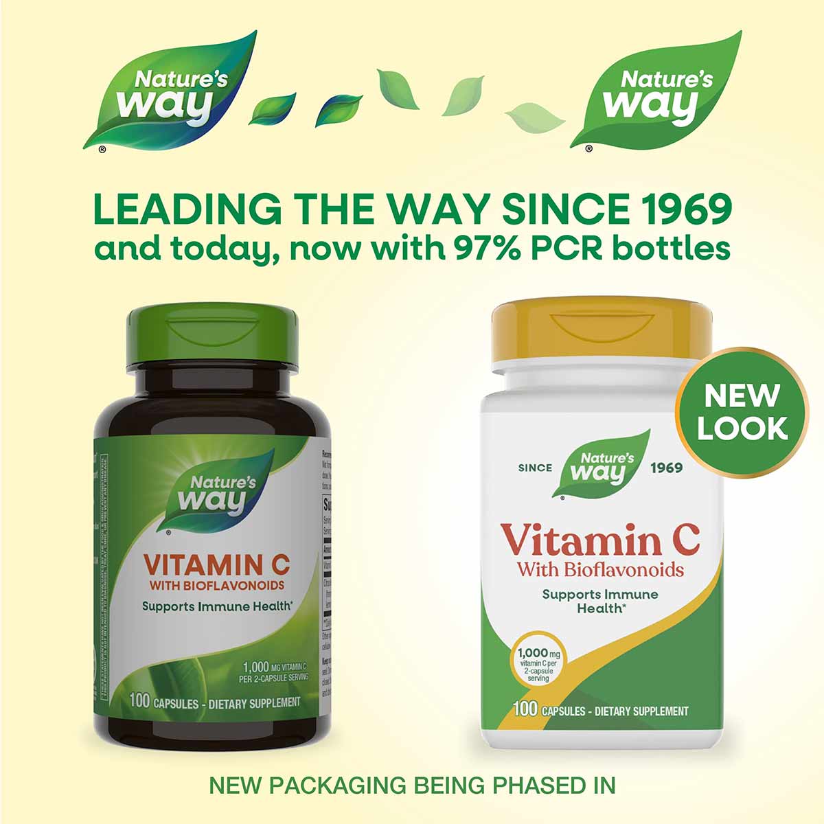 Nature's Way Vitamin C with Bioflavonoids bottles showing old green packaging and new white packaging with gold cap.