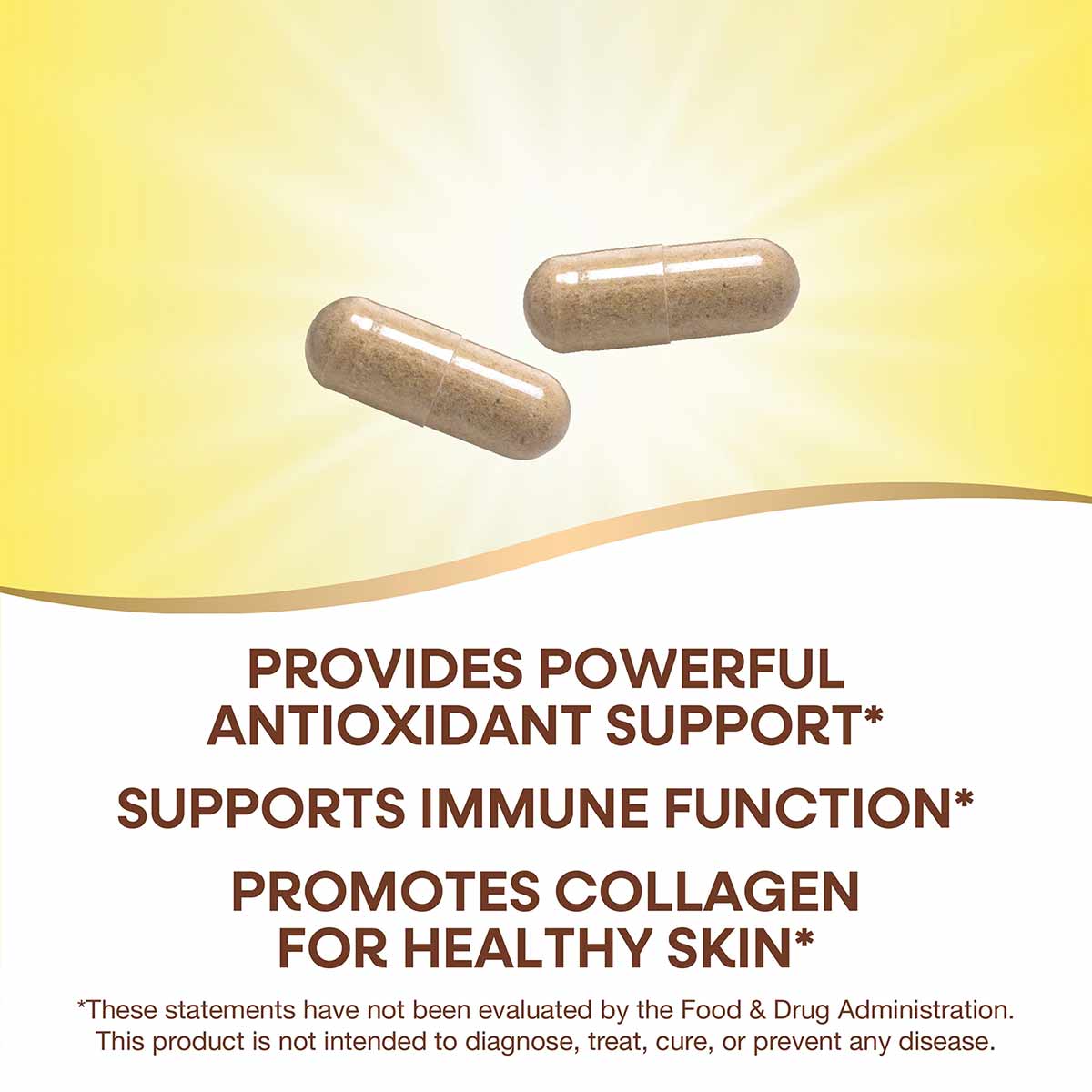 Two tan capsules on yellow and white background.