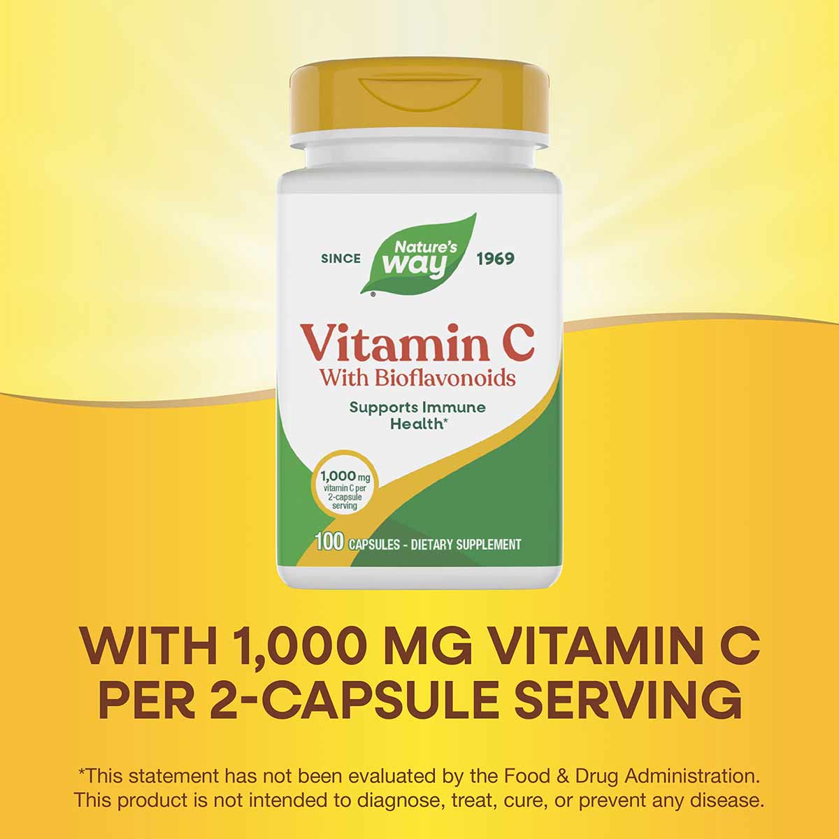 Nature's Way Vitamin C with Bioflavonoids bottle containing 100 capsules with gold cap on yellow background.