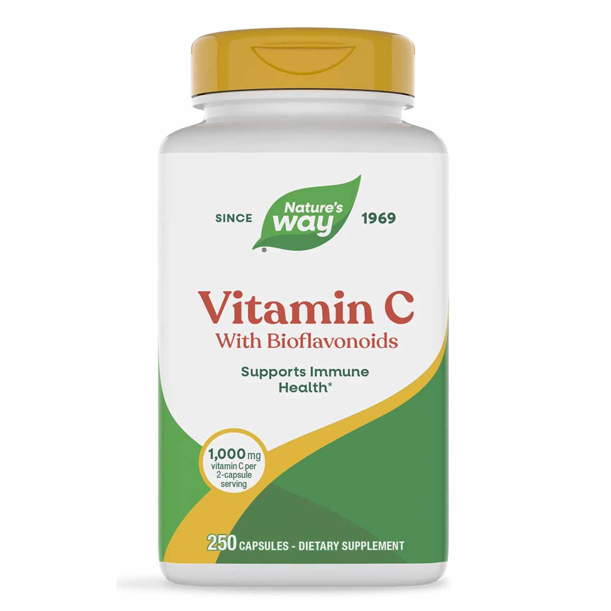 Nature's Way Vitamin C with Bioflavonoids bottle, 250 capsules, 1,000 mg per serving.