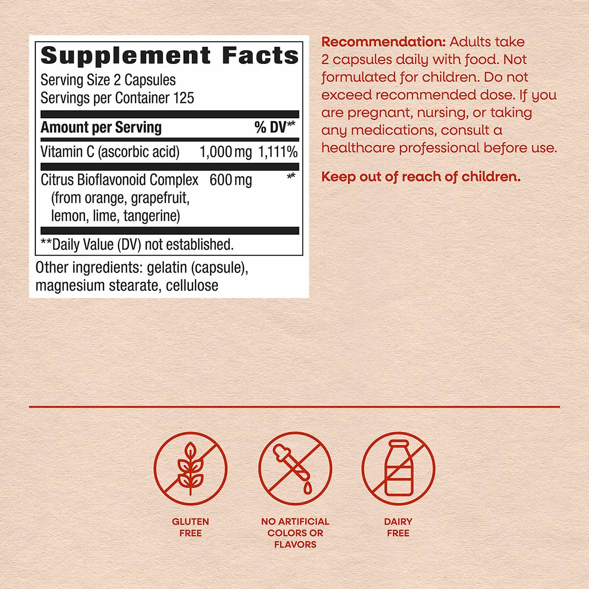 Supplement Facts label showing Vitamin C 1,000mg and Citrus Bioflavonoid Complex 600mg per serving, with usage instructions a