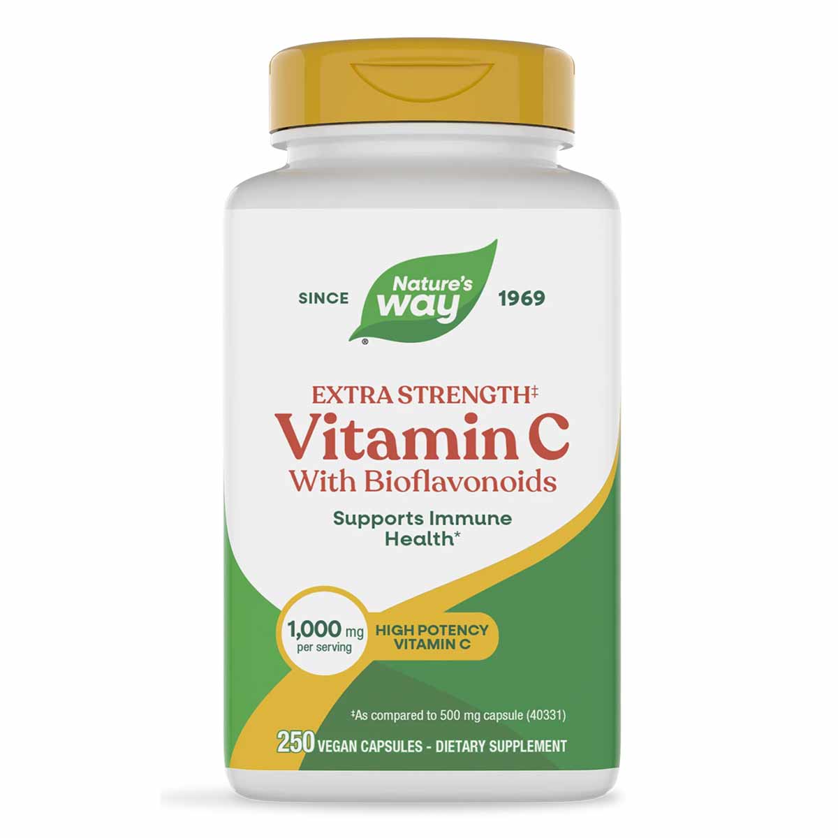 White bottle with gold cap containing Nature's Way Extra Strength Vitamin C with Bioflavonoids, 250 vegan capsules.