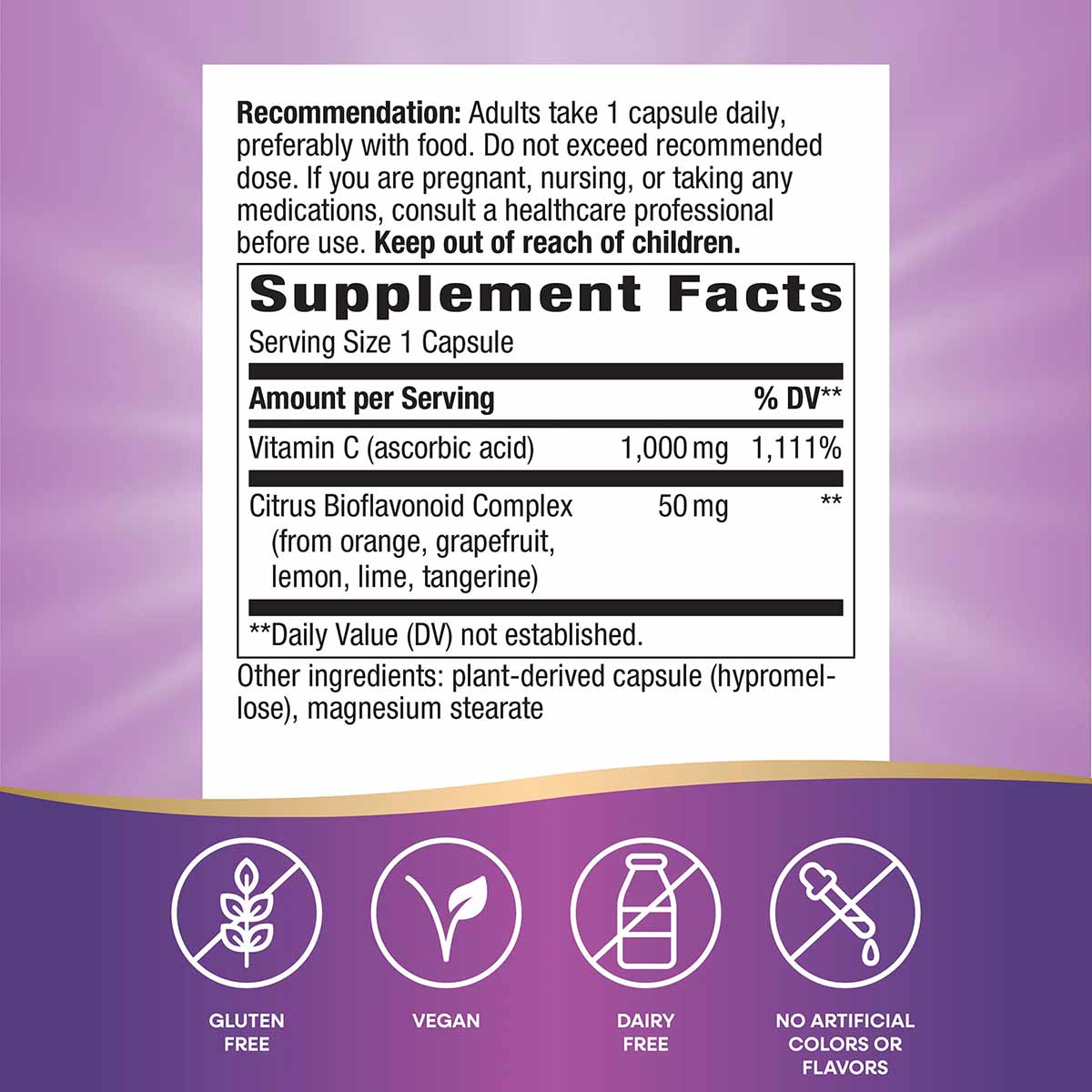 Product label showing supplement facts for Vitamin C with Bioflavonoids, including dosage information and certification icons