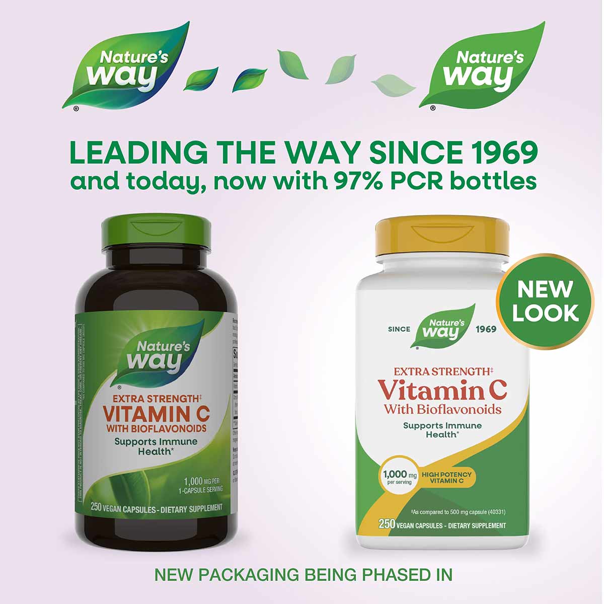 Two bottles of Nature's Way Vitamin C with Bioflavonoids Extra Strength capsules, one with green cap and one with gold cap, d
