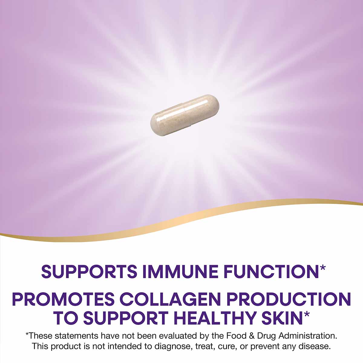 Tan capsule supplement tablet on purple background with radiating light effect.