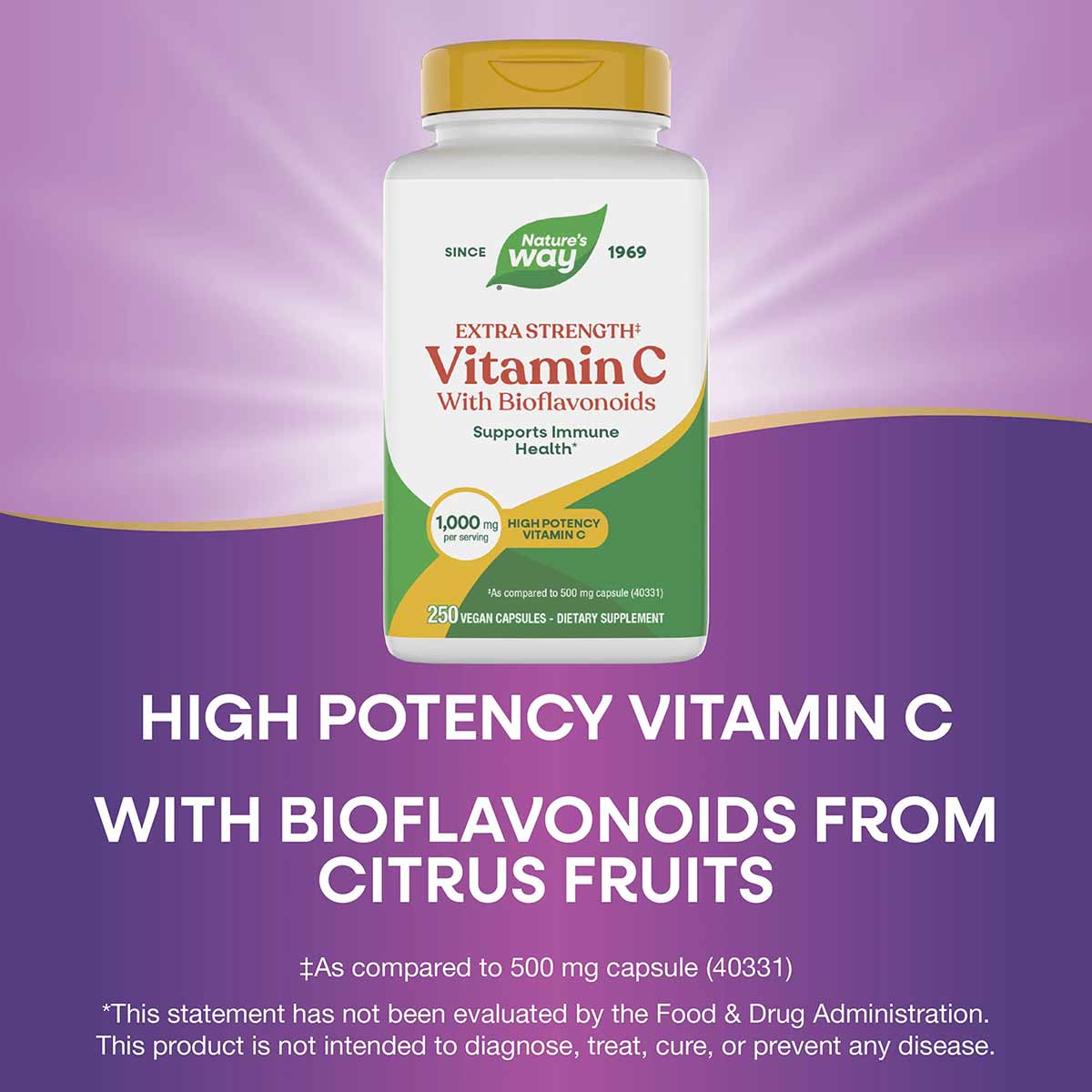 White bottle with gold cap containing Nature's Way Vitamin C with Bioflavonoids Extra Strength, 250 vegan capsules, 1,000 mg 