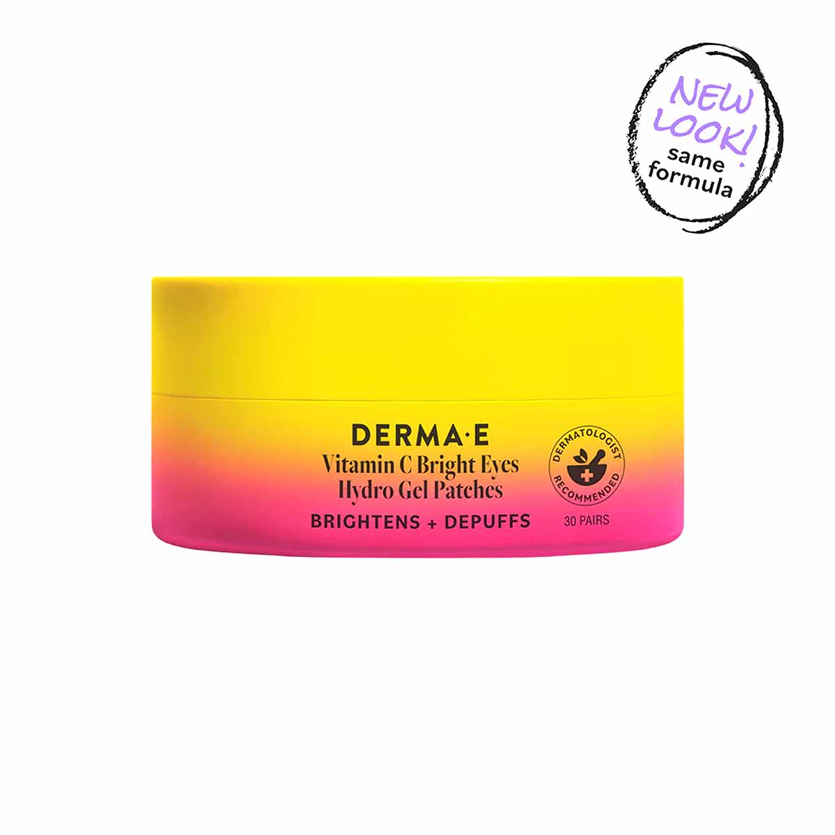 Derma E Vitamin C Bright Eyes Hydro Gel Patches jar with yellow-to-pink gradient container labeled "30 pairs."