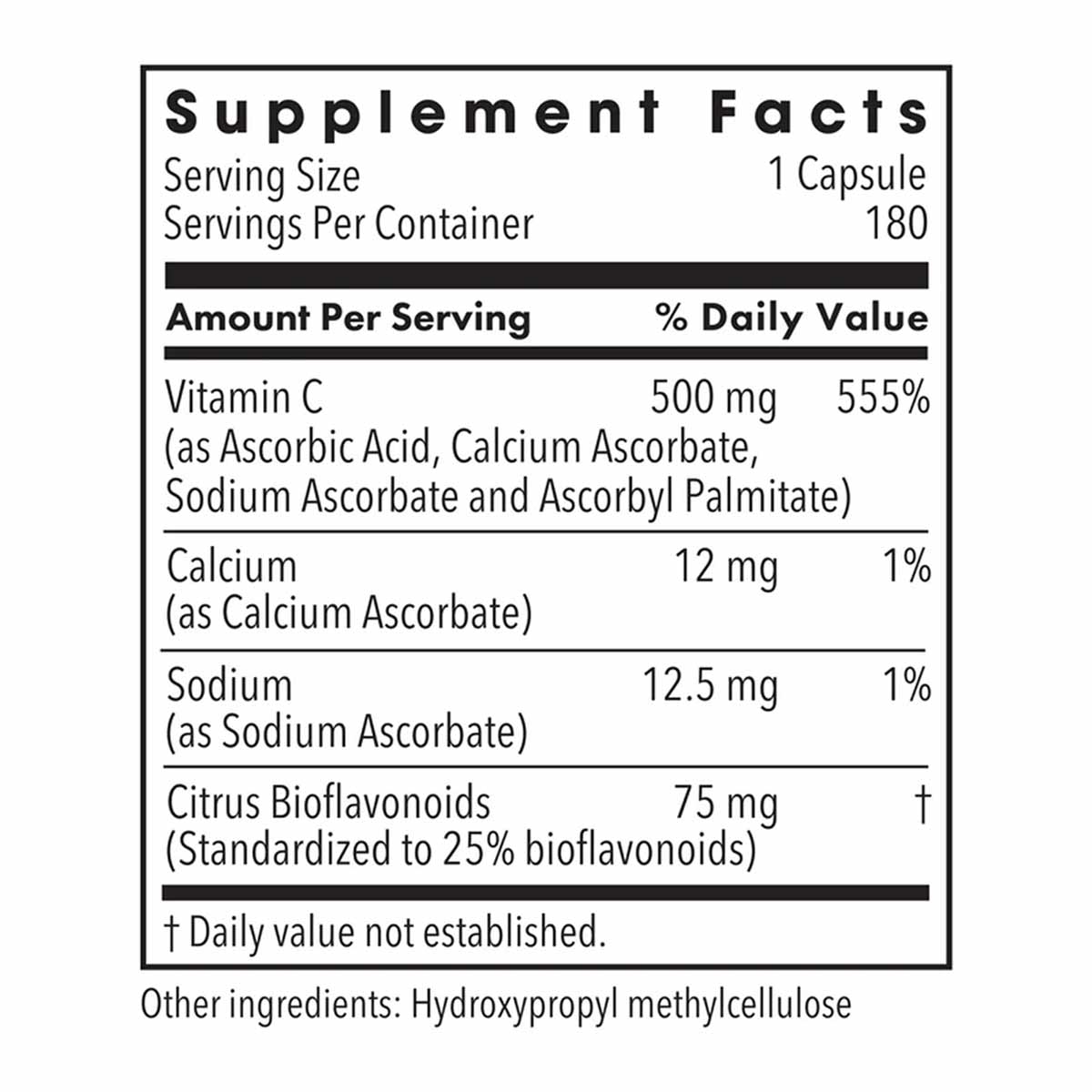 Supplement Facts label showing Vitamin C 500 mg per capsule, Calcium 12 mg, Sodium 12.5 mg, and Citrus Bioflavonoids 75 mg, w