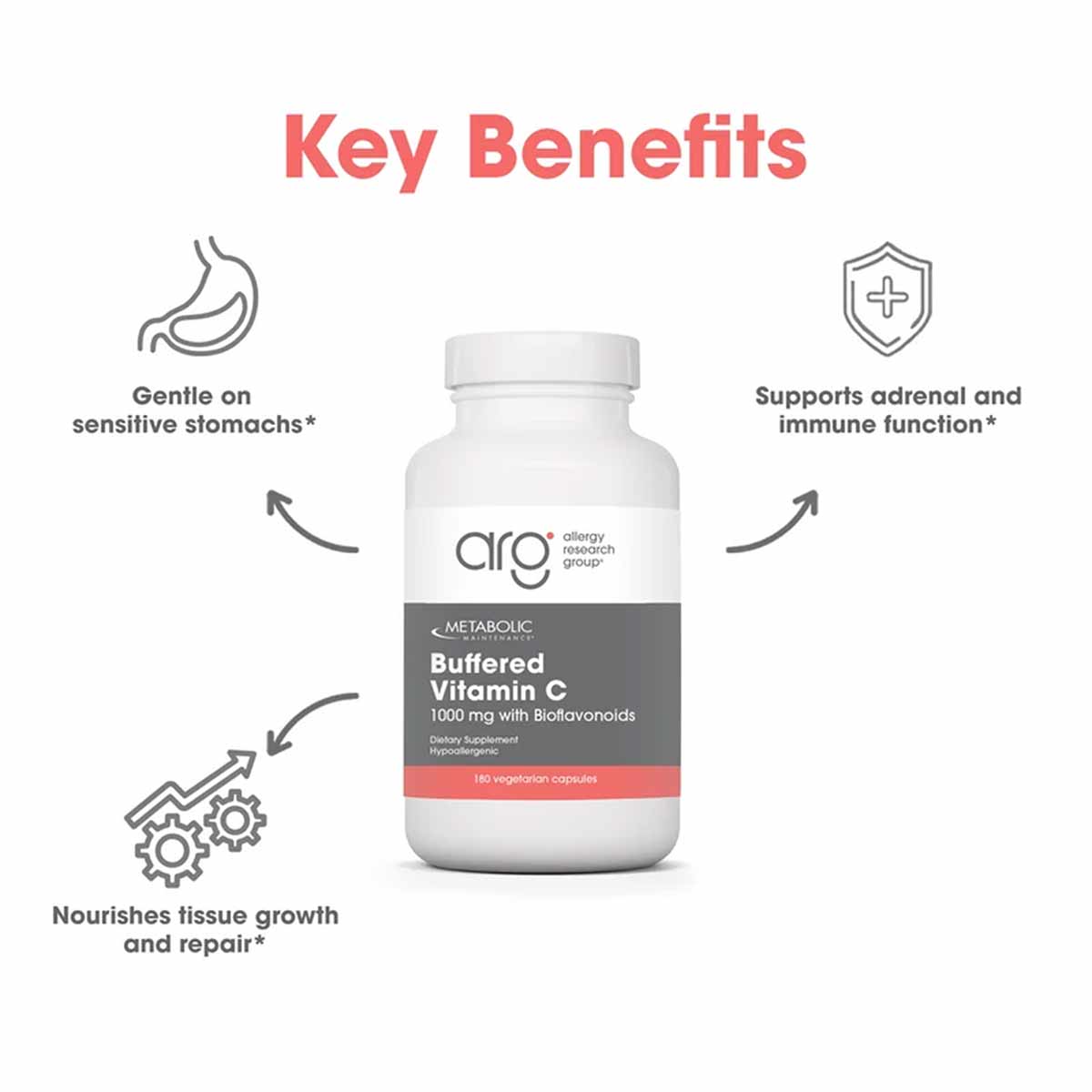 White bottle of Buffered Vitamin C 1000 mg with Bioflavonoids, 180 vegetarian capsules by Allergy Research Group.