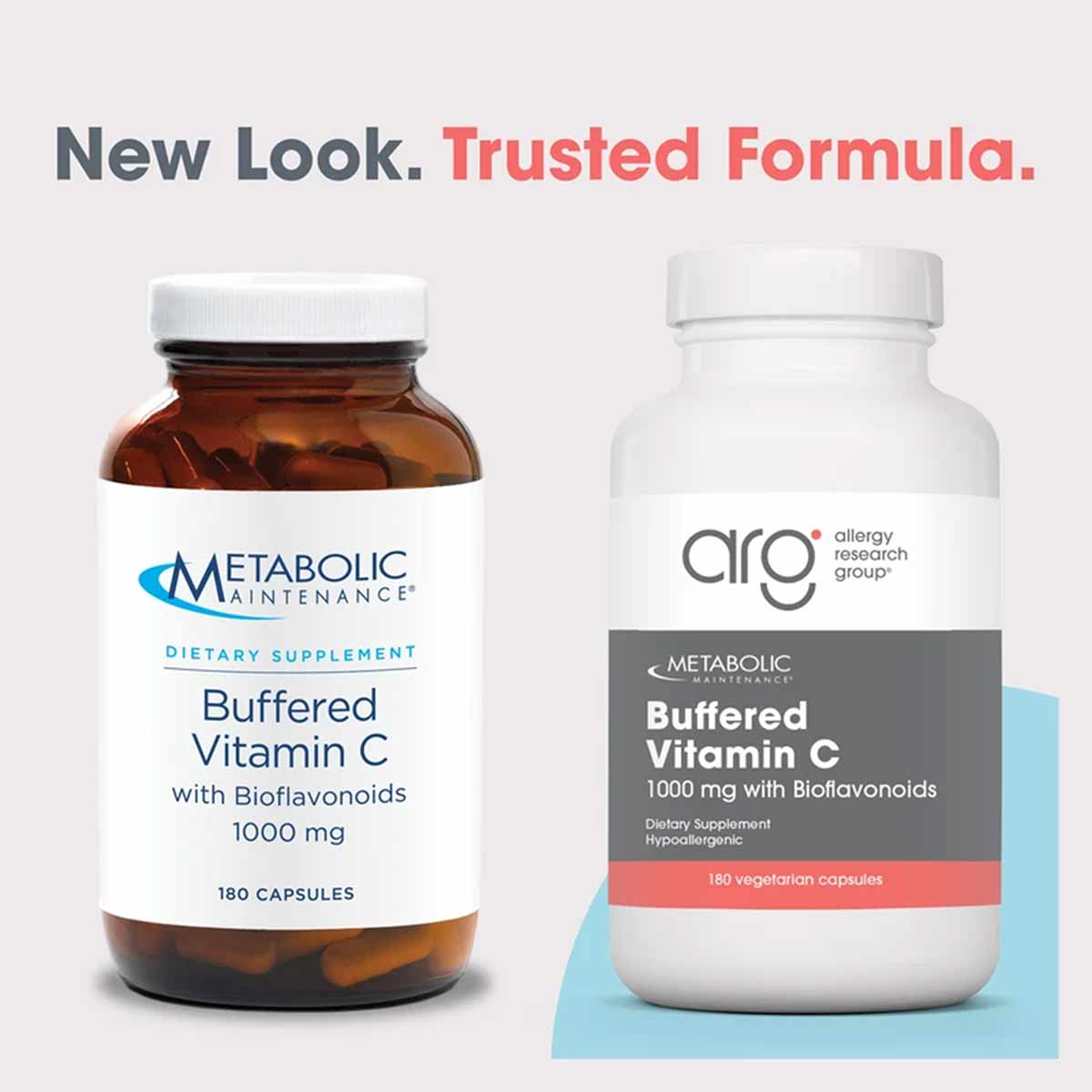Two bottles of Buffered Vitamin C with Bioflavonoids 1,000 mg by Allergy Research Group, old and new packaging designs.