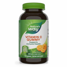 Dark amber bottle with green cap labeled Nature's Way Vitamin C Gummy, 250 mg, orange flavored, 120 gummies.