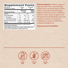 Supplement Facts label for Vitamin C gummies showing 250 mg per serving, ingredients, and dairy-free, gluten-free, gelatin-fr