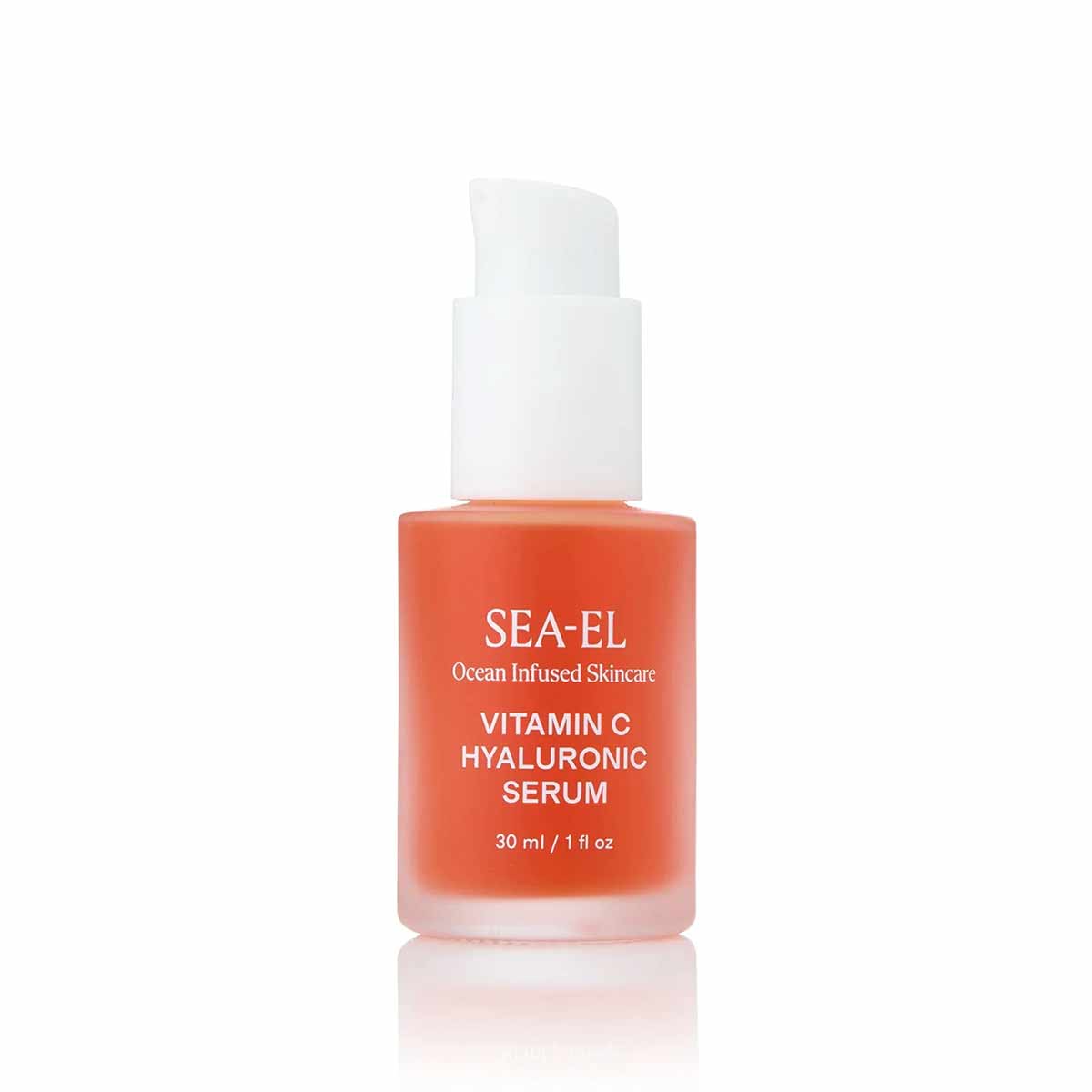 A frosted orange glass bottle with a white pump dispenser, labeled Sea-El Vitamin C Hyaluronic Serum, 30 ml.