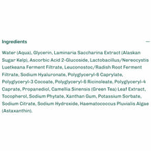 Green text on a white background lists the serum's ingredients, beginning with water, glycerin, and Alaskan sugar kelp extract.