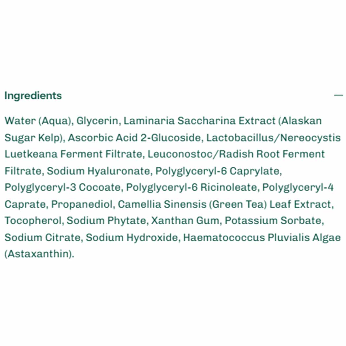 Green text on a white background lists the serum's ingredients, beginning with water, glycerin, and Alaskan sugar kelp extract.
