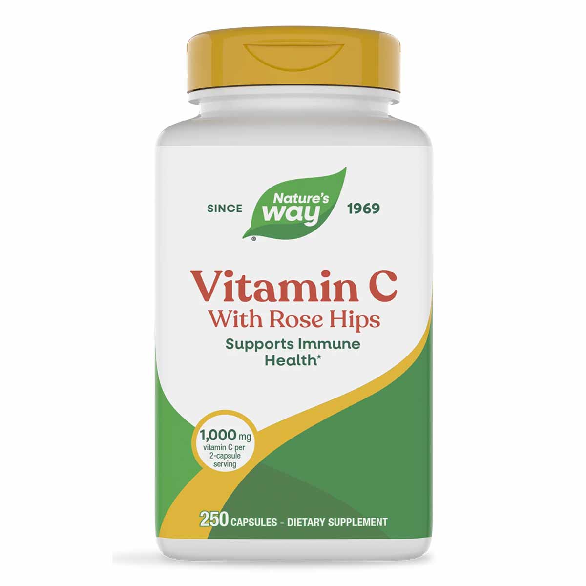 Bottle of Nature's Way Vitamin C with Rose Hips dietary supplement containing 250 capsules with gold cap.