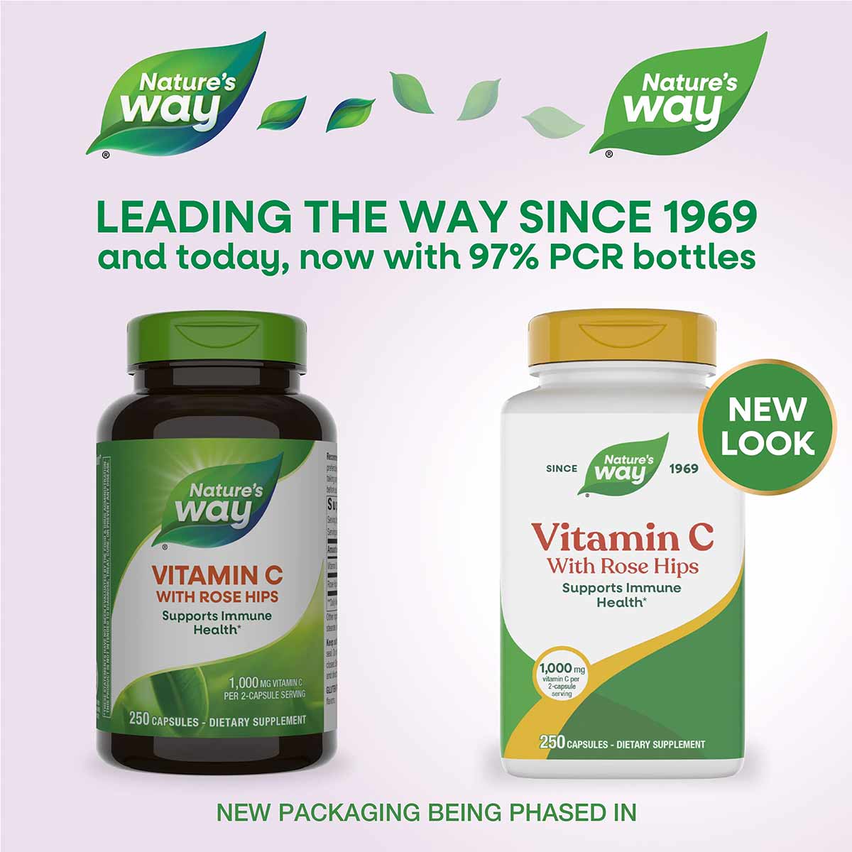 Two Nature's Way Vitamin C with Rose Hips bottles—dark green on left, white with gold cap on right—showing old and new packag