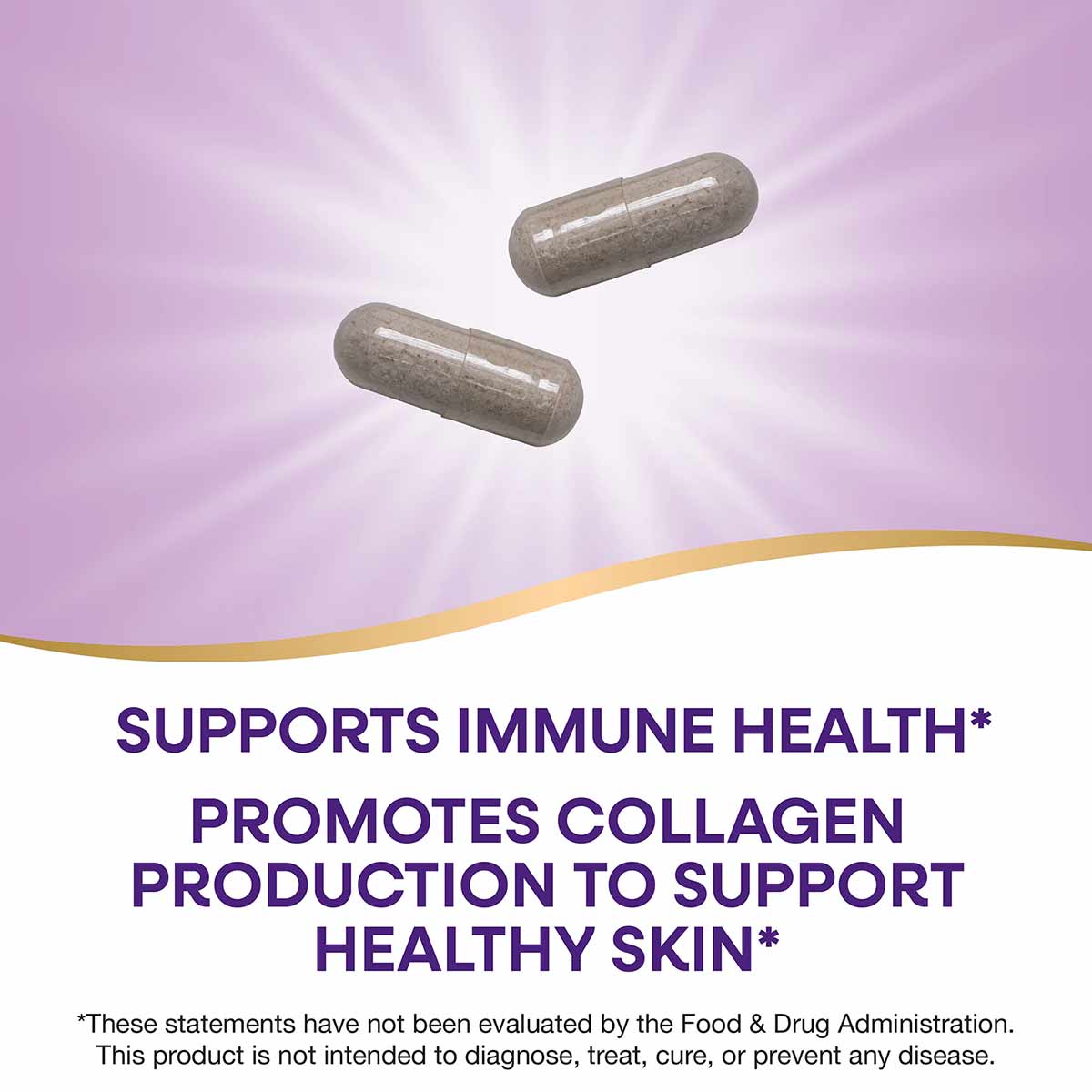 Two taupe capsules on a purple gradient background with gold curved line.