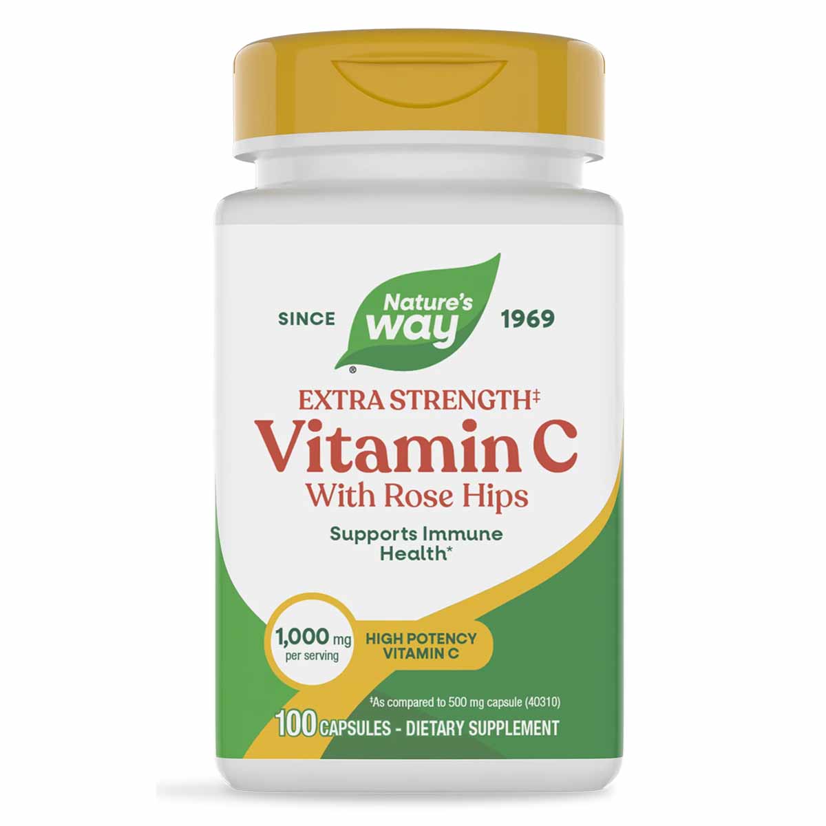White bottle with yellow cap containing 100 capsules of Nature's Way Vitamin C with Rose Hips Extra Strength dietary suppleme