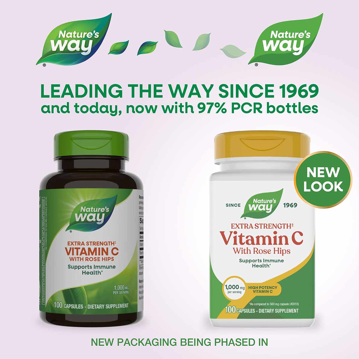 Two Nature's Way Vitamin C with Rose Hips bottles, one with green cap and one with gold cap, containing 100 capsules each.
