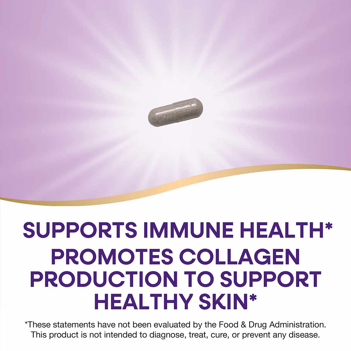Single gray vitamin C capsule on purple and white background with gold curved line accent.
