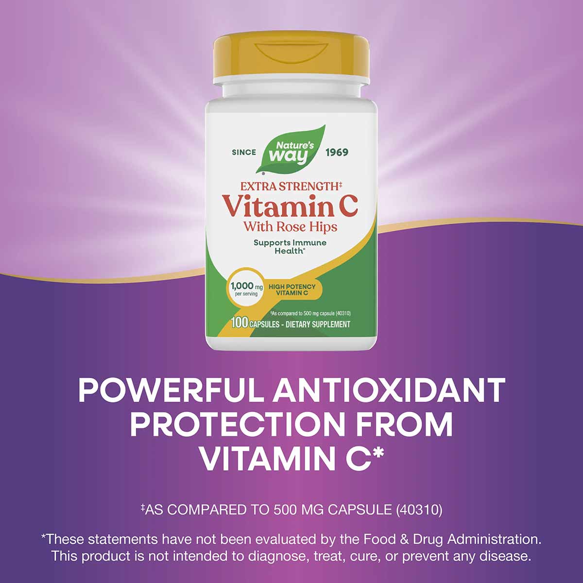 White bottle with yellow cap containing Nature's Way Vitamin C with Rose Hips Extra Strength, 100 capsules, 1,000 mg per serv