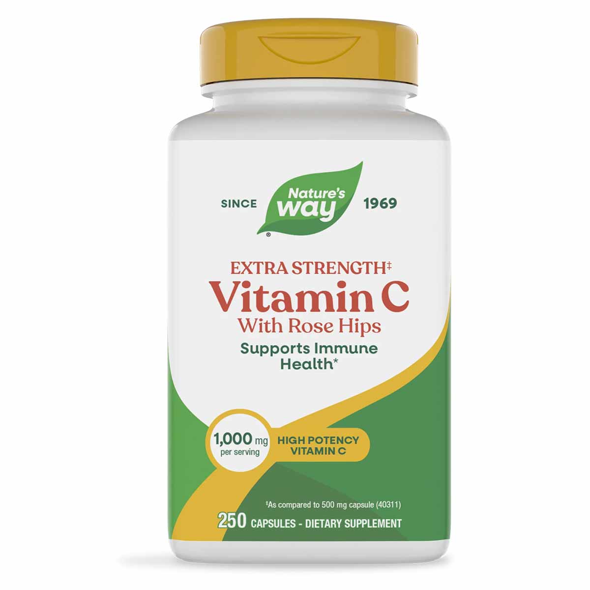 White bottle with yellow cap containing 250 capsules of Nature's Way Extra Strength Vitamin C with Rose Hips supplement.