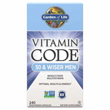Garden of Life Vitamin Code 50 & Wiser Men multivitamin bottle, 240 vegetarian capsules, with Non-GMO and NSF certified badge