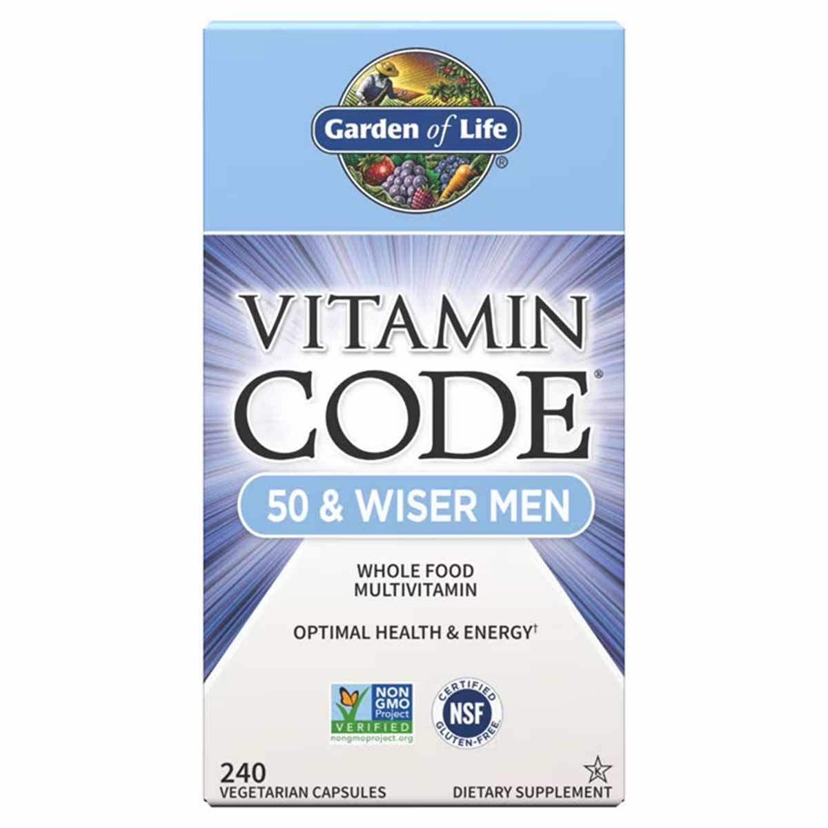 Garden of Life Vitamin Code 50 & Wiser Men multivitamin bottle, 240 vegetarian capsules, with Non-GMO and NSF certified badge