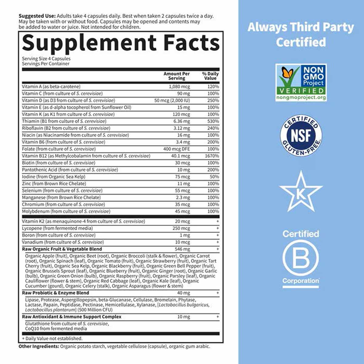 Supplement Facts label for Vitamin Code 50 & Wiser Men Multivitamin showing ingredients, serving size, and daily values.