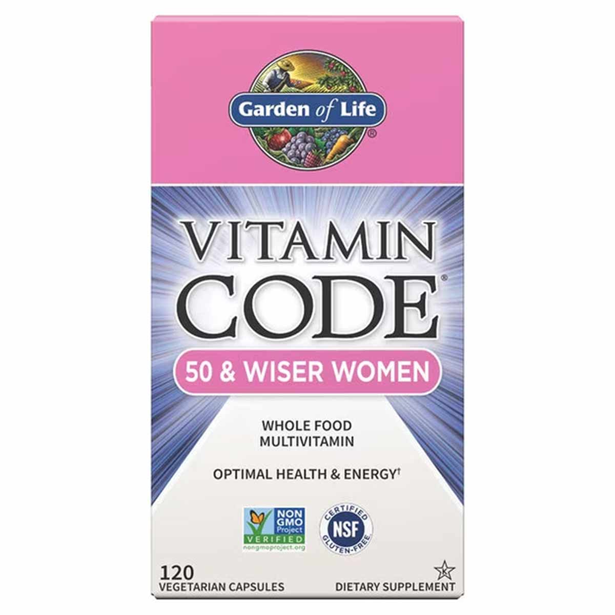 Garden of Life Vitamin Code 50 & Wiser Women multivitamin bottle with pink and blue label, 120 vegetarian capsules.