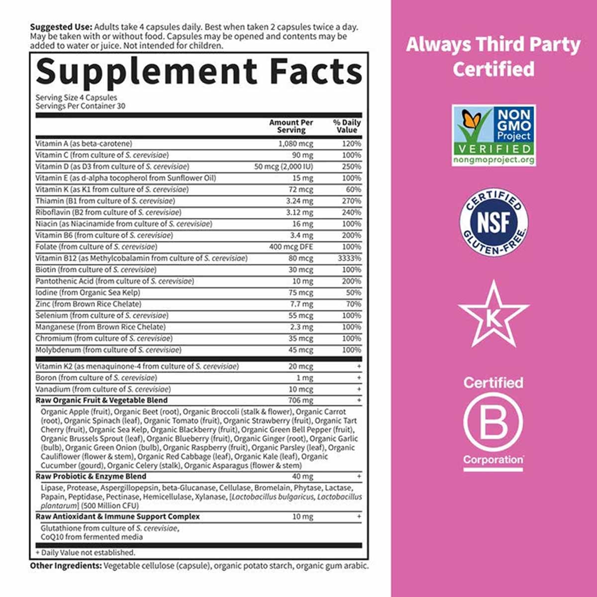 Supplement Facts label for Vitamin Code 50 & Wiser Women Multivitamin with ingredients and certifications displayed on pink b