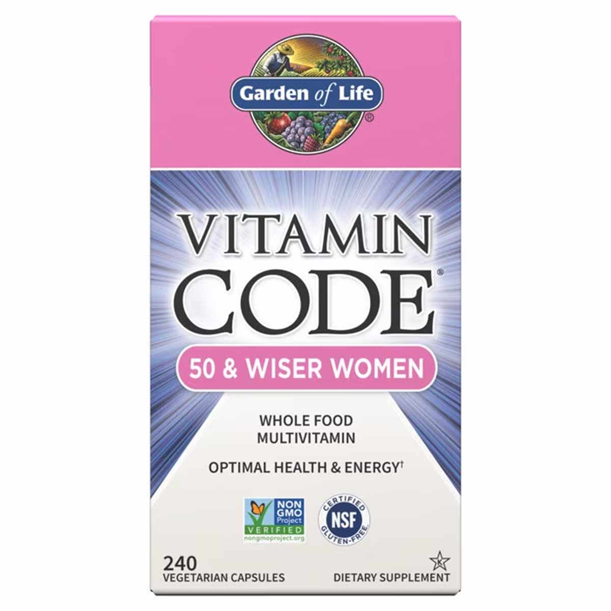 Garden of Life Vitamin Code 50 & Wiser Women multivitamin bottle with pink and blue packaging, containing 240 vegetarian caps